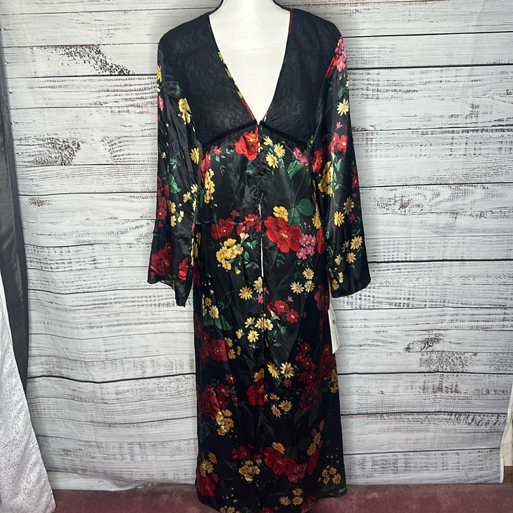Floral Black Satin Robe